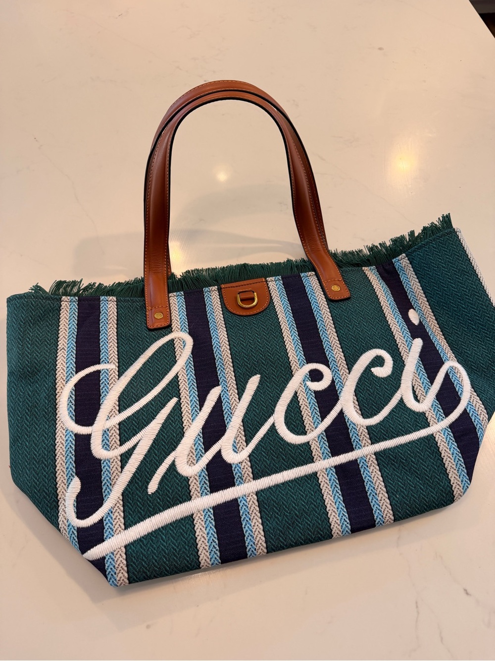 Gucci Teal & Navy Striped Canvas Tote with Leather Handles